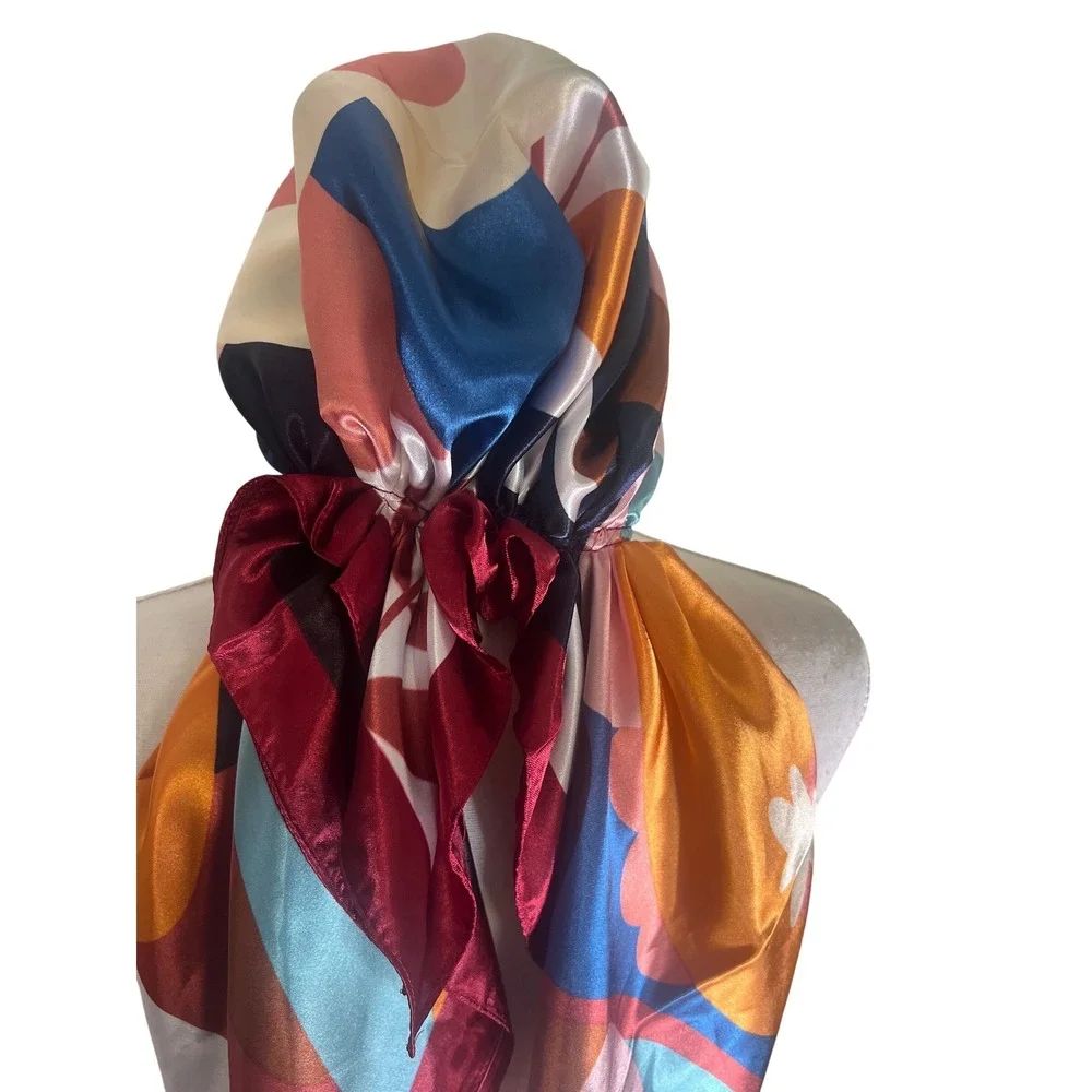 Retro Abstract Floral Satin Head Scarf Elastic Back Hair Wrap Multi Color